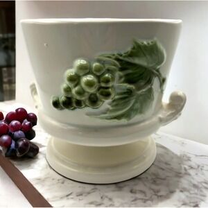 Vintage Hull Ceramic Planter Pedestal Base White Green Grape Vine Cottagecore